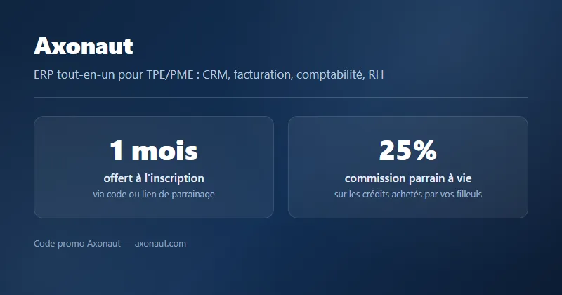Code promo Axonaut : 1 mois offert à l'inscription et 25% de commission parrain à vie
