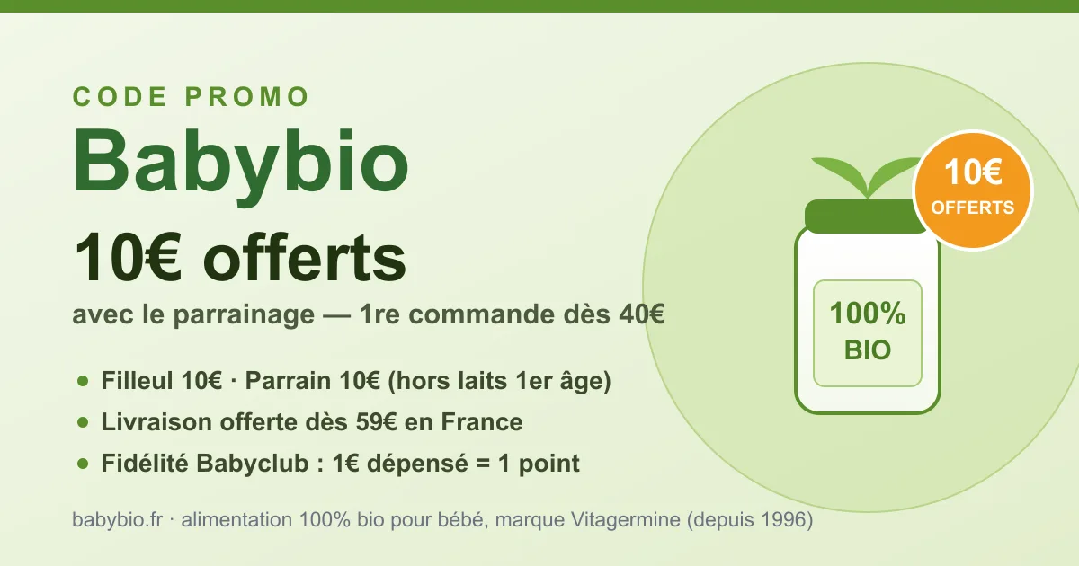 Code promo Babybio : 10€ offerts avec le parrainage babybio.fr (10€ pour le filleul sur sa 1re commande dès 40€, hors laits 1er âge, et 10€ pour le parrain), livraison gratuite dès 59€ et programme de fidélité Babyclub (1€ dépensé = 1 point). Alimentation 100 % bio pour bébé, marque Vitagermine depuis 1996.