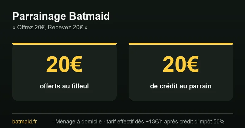 Parrainage Batmaid : 20€ offerts au filleul, 20€ de crédit au parrain, ménage à domicile dès 20€/h