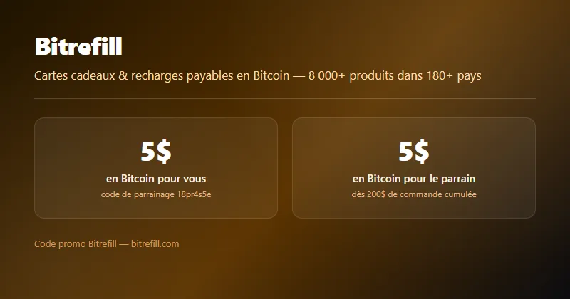 Code promo Bitrefill : 5$ en Bitcoin offerts pour vous et pour le parrain dès 200$ de commande