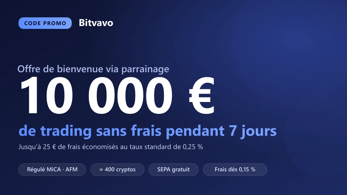 Carte promo Bitvavo : 10 000€ de trading sans frais pendant 7 jours via parrainage