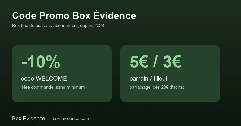 Code promo Box Évidence : -10% avec WELCOME, parrainage 5€ parrain / 3€ filleul