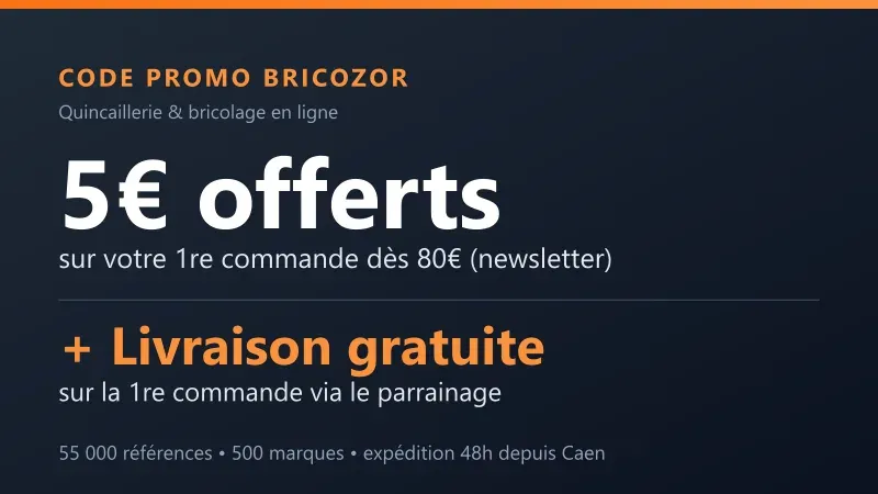 Offre Bricozor : 5€ offerts dès 80€ via la newsletter et livraison gratuite sur la 1re commande via le parrainage