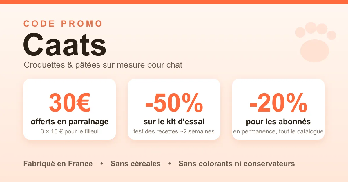 Offre Caats : 30 € offerts en parrainage (3×10 € pour le filleul), kit d'essai à -50 % et -20 % permanent pour les abonnés — croquettes et pâtées sur mesure fabriquées en France