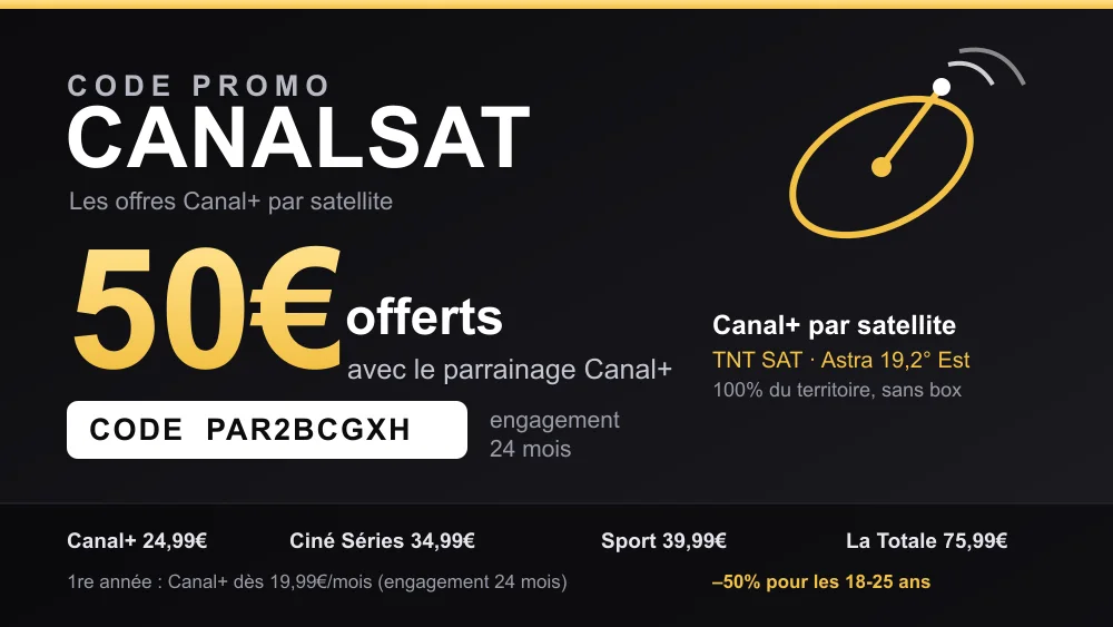 Infographie code promo CanalSat : 50€ offerts avec le parrainage Canal+ (code PAR2BCGXH, engagement 24 mois), Canal+ par satellite via TNT SAT sur le satellite Astra 19,2° Est, formules de 24,99€ à 75,99€ par mois.