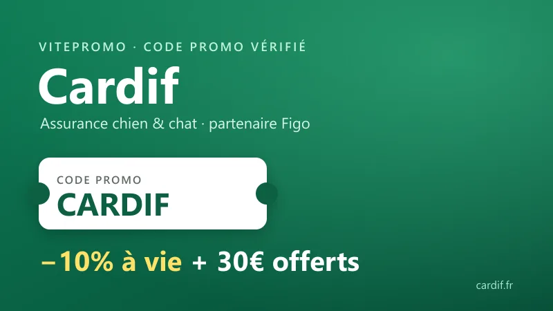 Code promo Cardif : le code CARDIF donne -10% à vie + 30€ offerts sur l'assurance chien & chat (partenaire Figo)