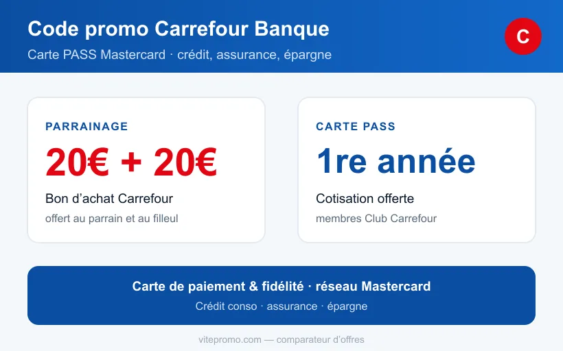 Code promo Carrefour Banque : parrainage 20€ en bon d'achat et cotisation Carte PASS Mastercard offerte la 1re année