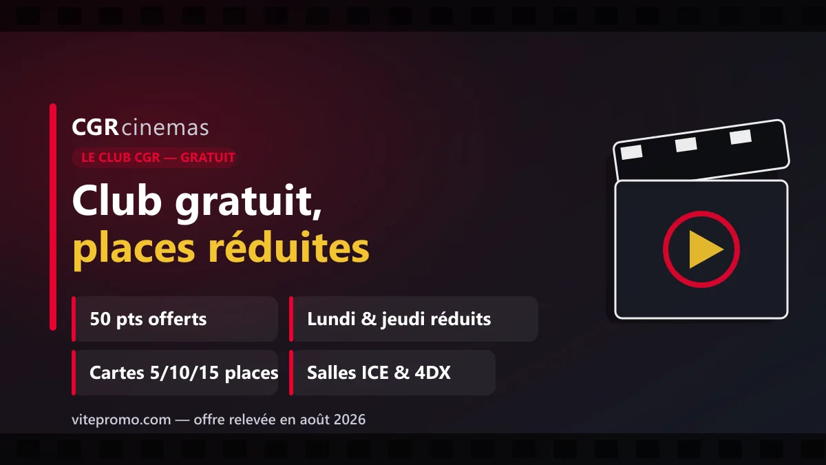 Code promo CGR cinemas : le Club CGR gratuit offre 50 points à l'inscription, des tarifs réduits les lundis et jeudis, des cartes 5/10/15 places et des salles ICE et 4DX