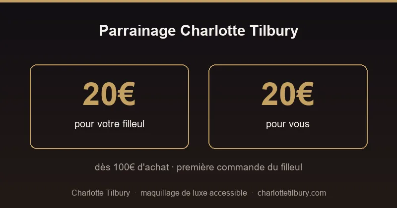 Charlotte Tilbury refer a friend: €20 off for your friend and €20 for you, on orders over €100 for the friend's first purchase
