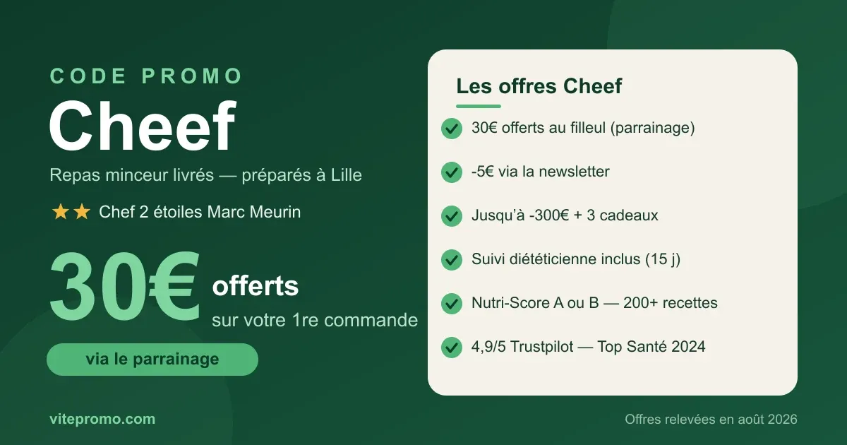 Récapitulatif des offres Cheef : 30€ offerts au filleul via le parrainage, -5€ newsletter, jusqu'à -300€ et 3 cadeaux sur les programmes longs, suivi diététicienne et Nutri-Score A/B — repas minceur livrés validés par le chef 2 étoiles Marc Meurin.