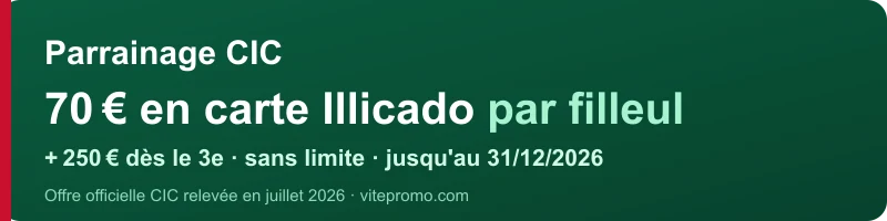 Parrainage CIC : 70€ en carte cadeau Illicado par filleul, plus 250€ dès le 3e parrainage, offre valable jusqu'au 31/12/2026