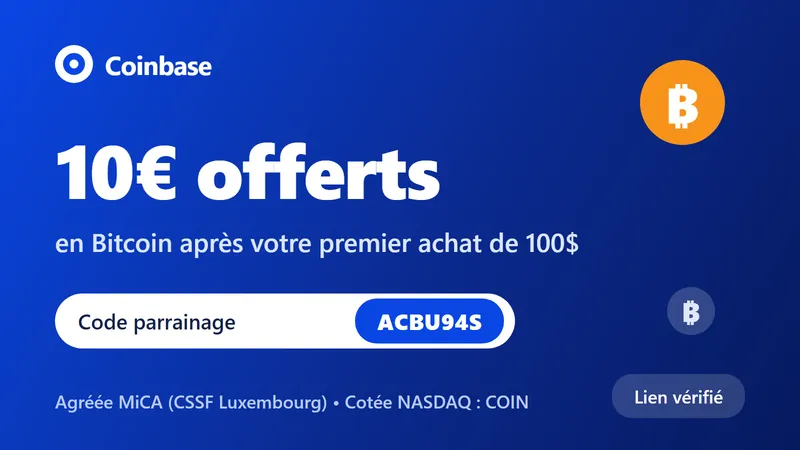 Code promo et parrainage Coinbase ACBU94S : 10€ offerts en Bitcoin après un premier achat de 100$ — exchange agréé MiCA