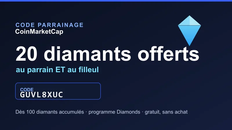 Carte code parrainage CoinMarketCap : code GUVL8XUC pour 20 diamants offerts au parrain comme au filleul, une fois 100 diamants accumulés, via le programme Diamonds gratuit