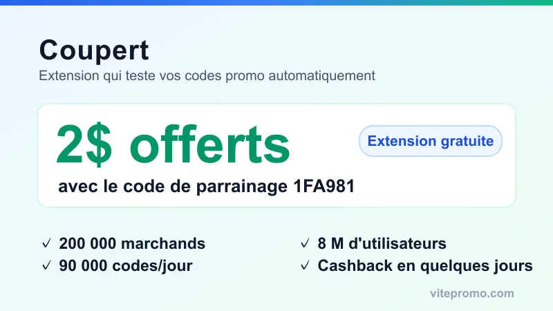 Code promo Coupert : 2$ offerts avec le code 1FA981 sur l'extension gratuite