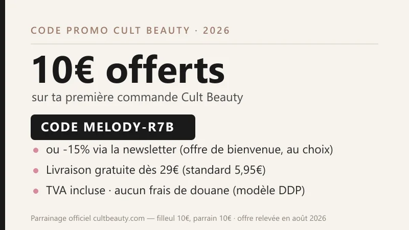 Code promo Cult Beauty : 10€ offerts sur la première commande avec le code de parrainage MELODY-R7B (dès ~50€), ou -15% via la newsletter ; livraison gratuite dès 29€, TVA incluse sans frais de douane