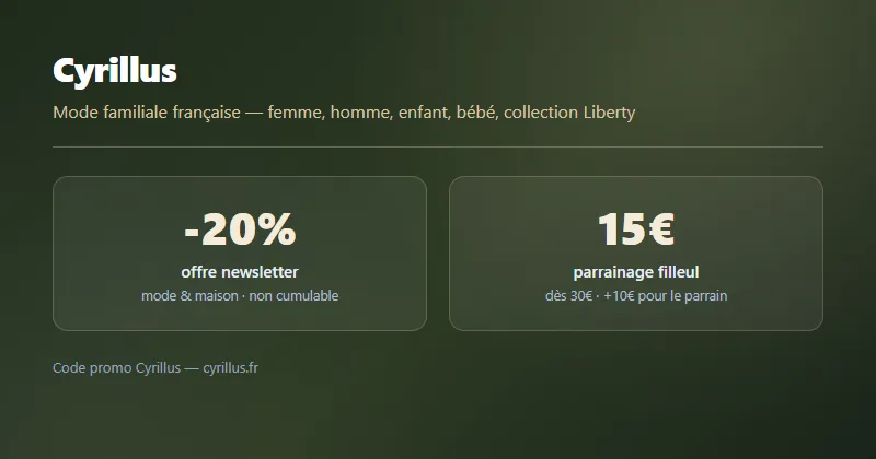 Code promo Cyrillus : -20% offre newsletter et 15€ de parrainage