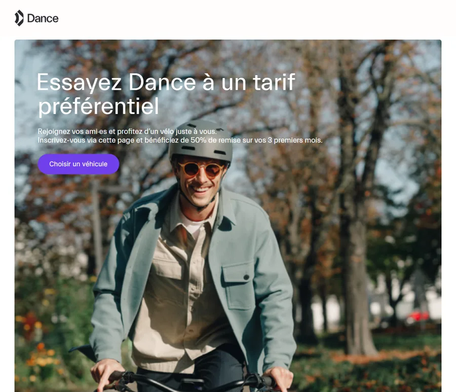 Page de parrainage Dance : 50% de remise sur les 3 premiers mois de l'abonnement vélo électrique