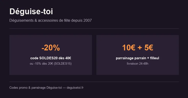 Code promo Déguise-toi : -20% dès 40€ (SOLDES20) et parrainage 10€/5€