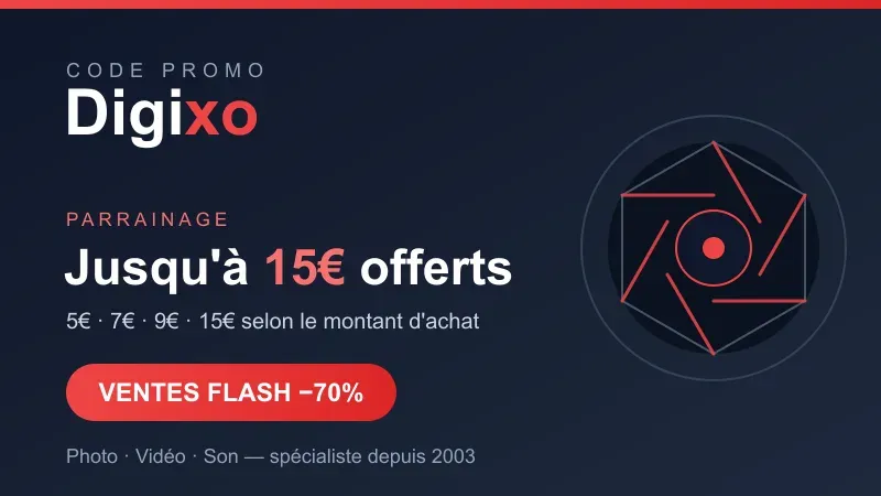 Code promo Digixo : parrainage jusqu'à 15€ offerts (5€ dès 50€, 15€ dès 500€) et ventes flash jusqu'à -70% sur le matériel photo, vidéo et son
