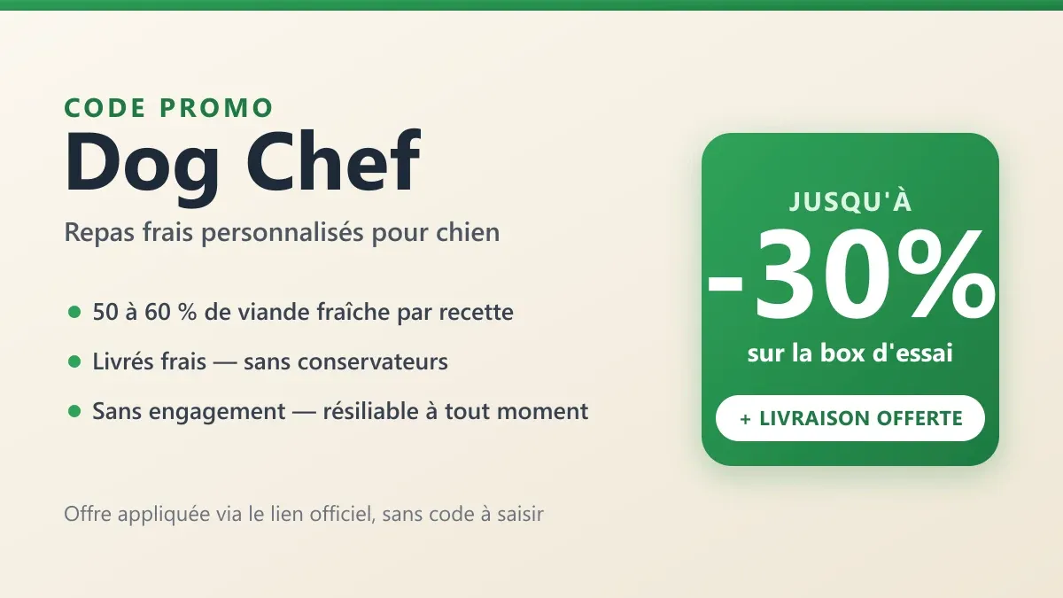 Code promo Dog Chef : -30% sur la box d'essai + livraison offerte, appliqués via le lien officiel sans code. Repas frais personnalisés pour chien (50 à 60 % de viande fraîche), livrés réfrigérés, marque belge créée en 2017.