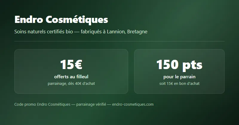 Code promo Endro Cosmétiques : 15€ offerts au filleul dès 40€ d'achat via le parrainage, 150 points pour le parrain
