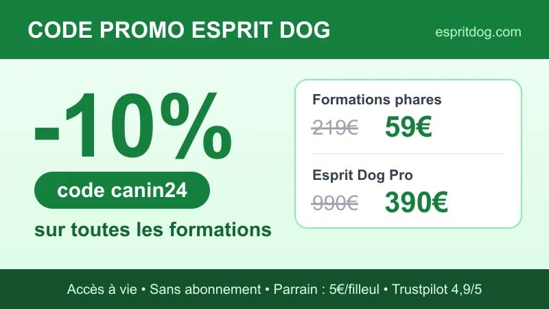 Code promo Esprit Dog canin24 : -10% sur toutes les formations d'éducation canine, formations phares à 59€ au lieu de 219€, Esprit Dog Pro 390€, accès à vie, parrain 5€ par filleul, 4,9/5 sur Trustpilot