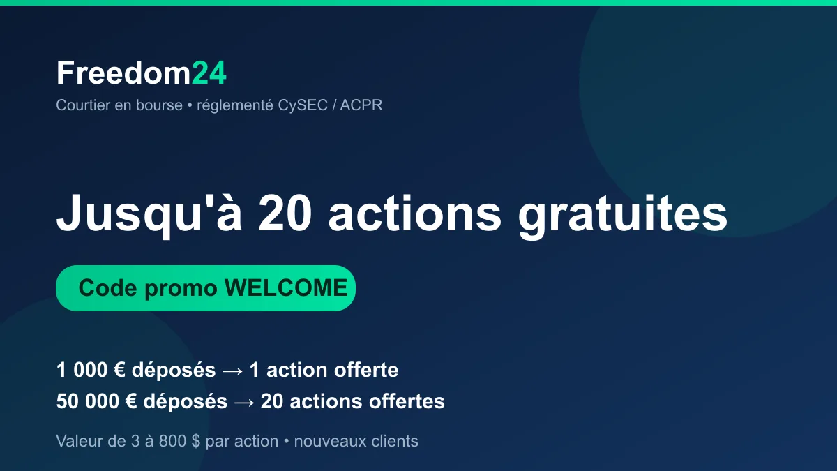 Code promo Freedom24 WELCOME : jusqu'à 20 actions gratuites (valeur 3 à 800 $) pour les nouveaux clients