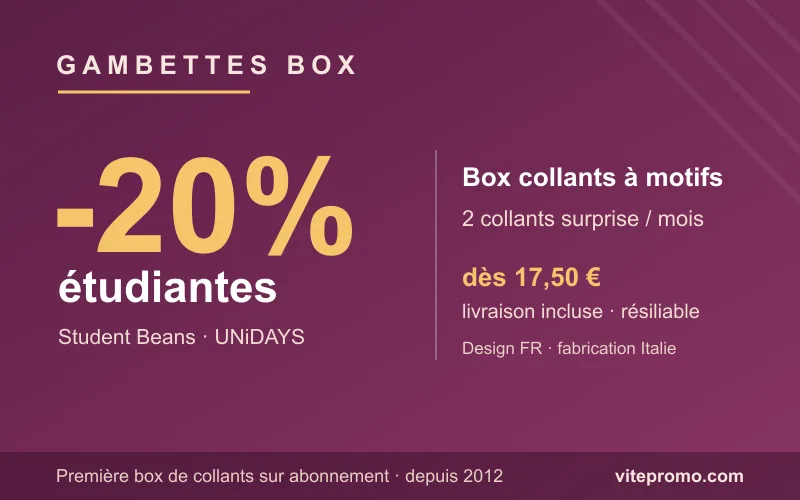Code promo Gambettes Box : -20% étudiantes sur la box mensuelle de 2 collants à motifs, dès 17,50€ livraison incluse