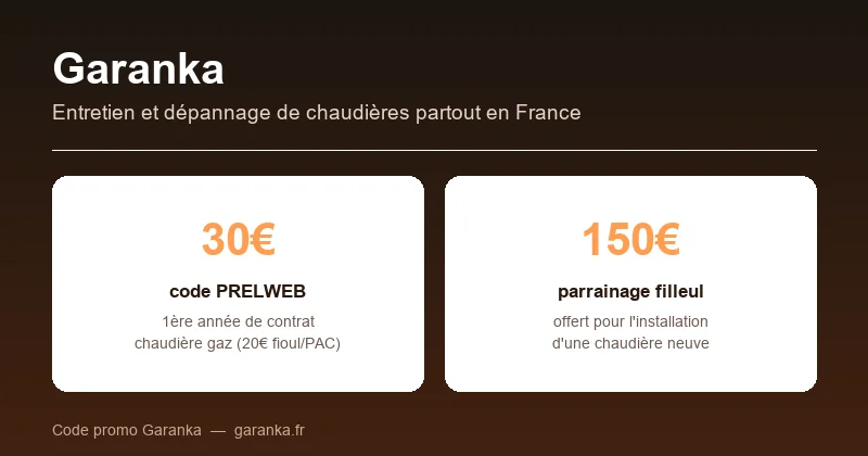 Code promo Garanka : 30€ sur le contrat d'entretien chaudière (PRELWEB), 150€ via le parrainage pour une installation