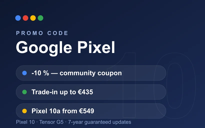 Google Pixel offer card: ~10% community coupon, Google Store trade-in up to €435 and Pixel 10a from €549, across the Pixel 10 range (Tensor G5, 7-year updates)