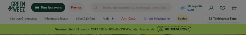 Bandeau officiel greenweez.com : livraison offerte et -10% dès 39€ d'achats avec le code promo BIENVENUE2026 pour les nouveaux clients