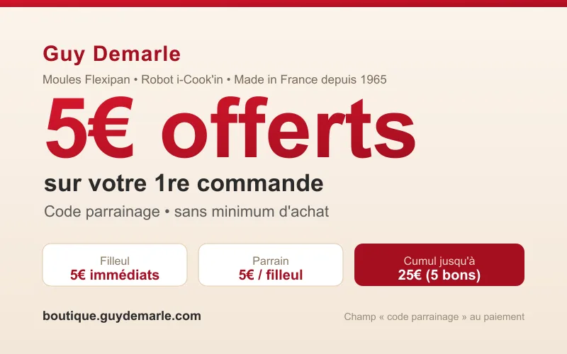 Code parrainage Guy Demarle : 5€ offerts sans minimum au filleul sur sa 1re commande, 5€ par filleul pour le parrain, cumulables jusqu'à 25€ (5 bons) sur boutique.guydemarle.com