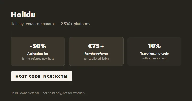 Holidu host code NCX3KCTM: -50% off the activation fee for the new owner and €75+ per published listing for the referrer; travellers get no code, up to 10% off with a free account