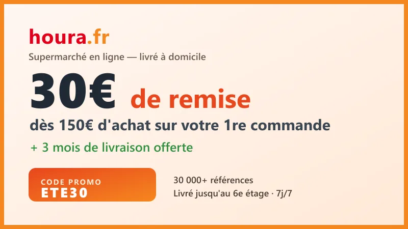 Code promo Houra ETE30 : 30€ de remise dès 150€ d'achat sur la première commande, plus 3 mois de livraison offerte, supermarché en ligne livré à domicile jusqu'au 6e étage, plus de 30 000 références.