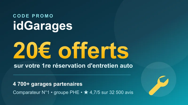 Code promo idGarages : 20€ offerts sur votre première réservation d'entretien auto, réseau de 4 700+ garages partenaires noté 4,7/5 sur 32 500 avis