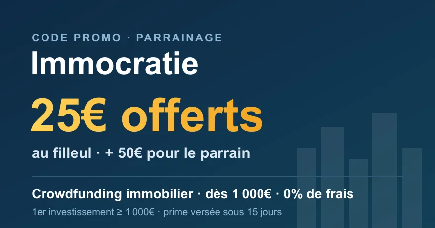 Code promo Immocratie : 25€ offerts au filleul (1er investissement dès 1 000€) et 50€ au parrain, crowdfunding immobilier PSFP à 0% de frais