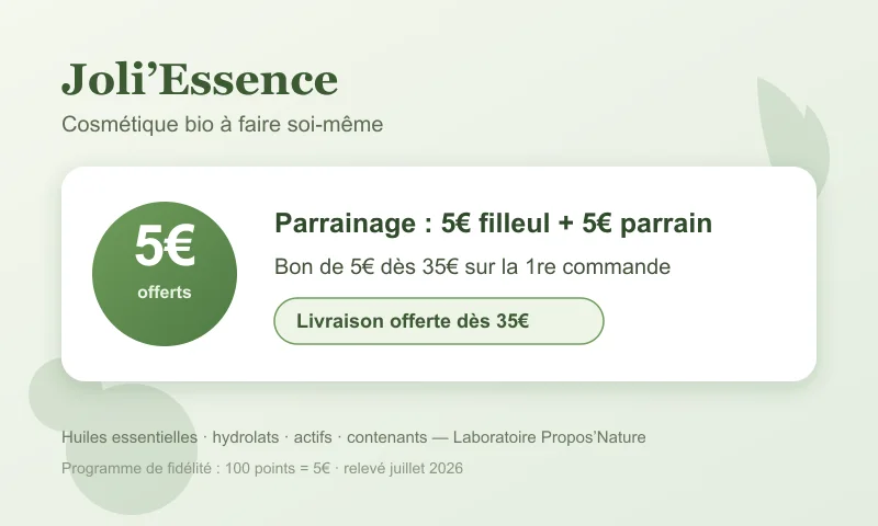 Code promo Joli Essence : parrainage 5€ pour le filleul (dès 35€ sur la 1re commande) et 5€ pour le parrain (100 points de fidélité), livraison offerte dès 35€, sur les huiles essentielles et ingrédients cosmétiques bio du laboratoire Propos'Nature