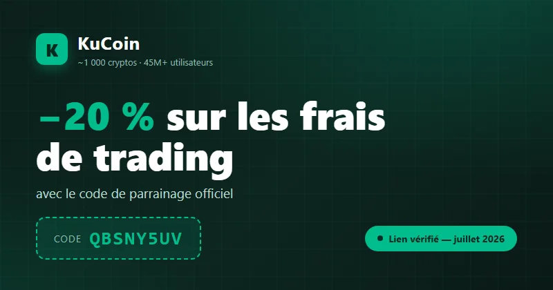 Code promo KuCoin QBSNY5UV : -20% sur les frais de trading, ~1 000 cryptos et 45M+ utilisateurs