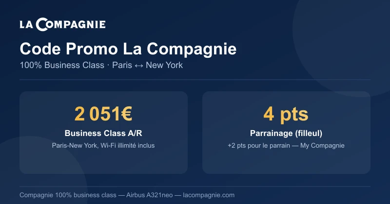 Code promo La Compagnie : business class Paris-New York dès 2 051€ A/R, parrainage My Compagnie 4 points offerts au filleul