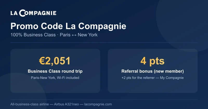 La Compagnie promo code: business class Paris-New York from €2,051 return, My Compagnie referral 4 loyalty points for new members