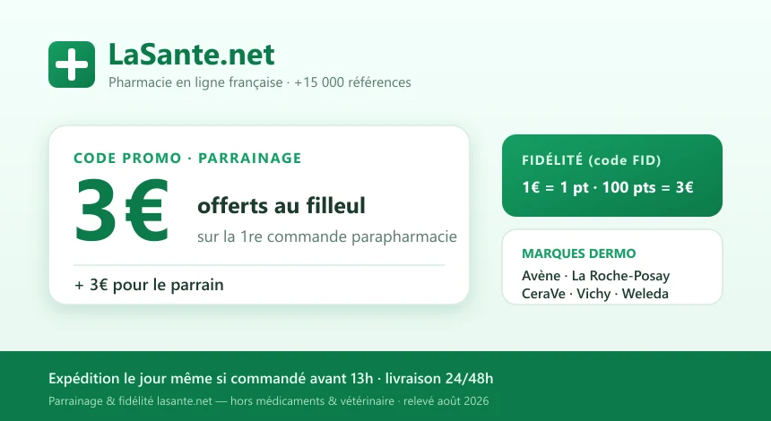 Parrainage LaSante.net : 3€ offerts au filleul sur la première commande et 3€ pour le parrain, pharmacie en ligne française