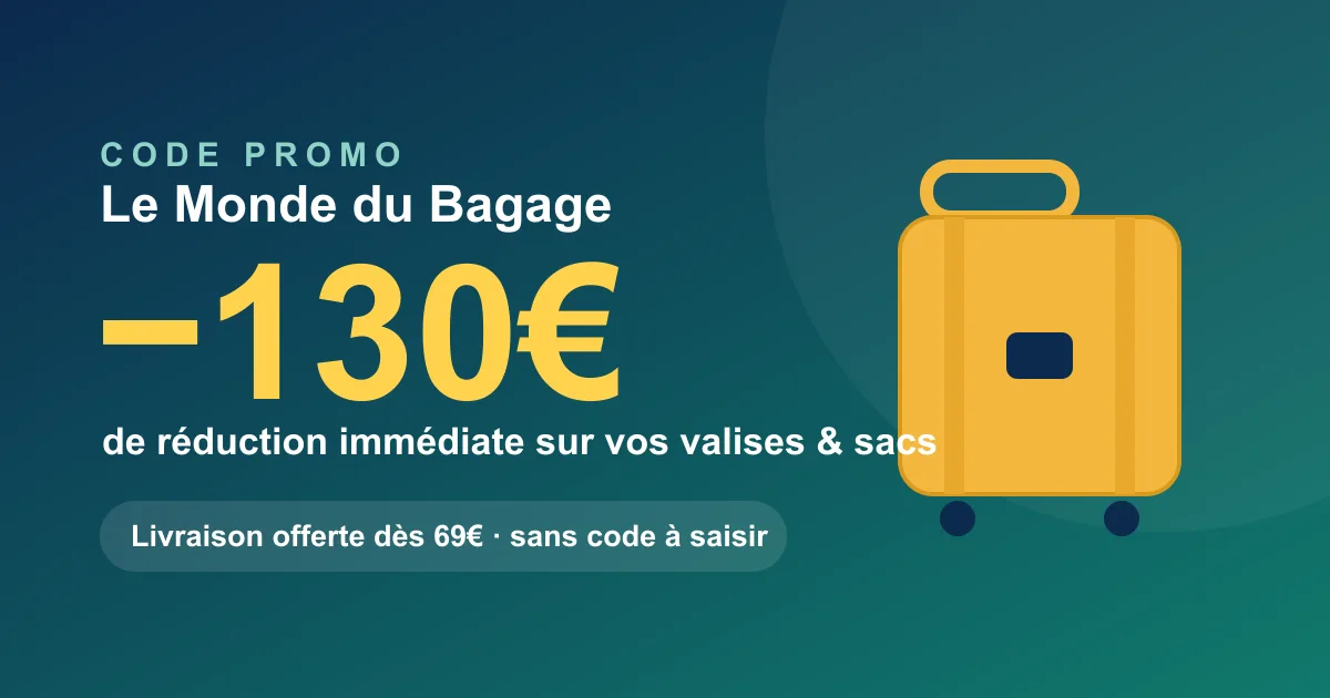 Code promo Le Monde du Bagage : jusqu'à -130€ de réduction immédiate sur les valises et sacs de voyage, livraison offerte dès 69€ d'achat, réductions automatiques sans code