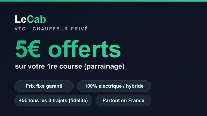 Carte code promo LeCab : 5€ offerts sur la première course, VTC électrique à prix fixe