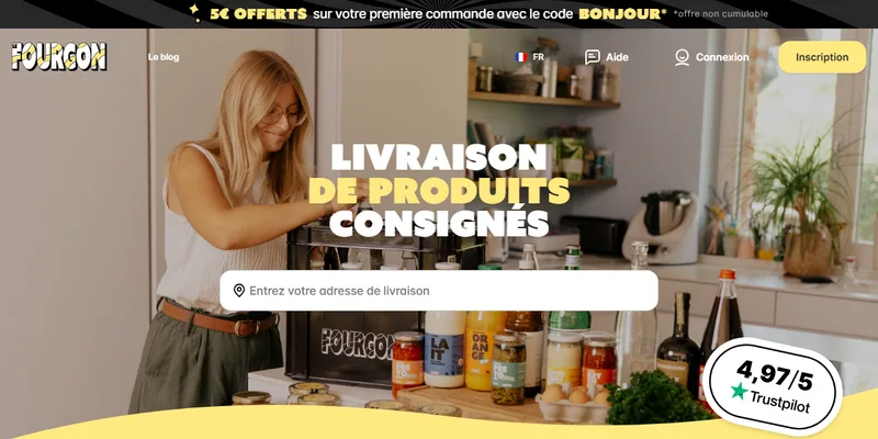Code promo public Le Fourgon BONJOUR : 5 € offerts sur la première commande (non cumulable) — capture de lefourgon.com en juillet 2026