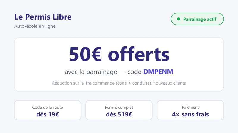 Code promo Le Permis Libre DMPENM : 50€ offerts via le parrainage (50€ pour le filleul, 50€ pour le parrain) sur la 1re commande code + conduite