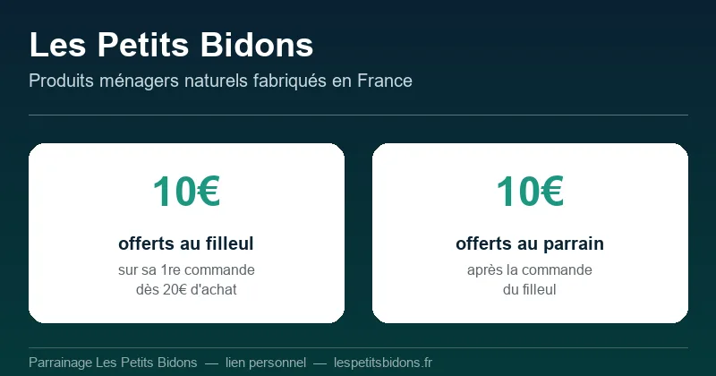 Parrainage Les Petits Bidons : 10€ offerts au filleul sur sa première commande dès 20€ d'achat, 10€ offerts au parrain après validation de la commande du filleul
