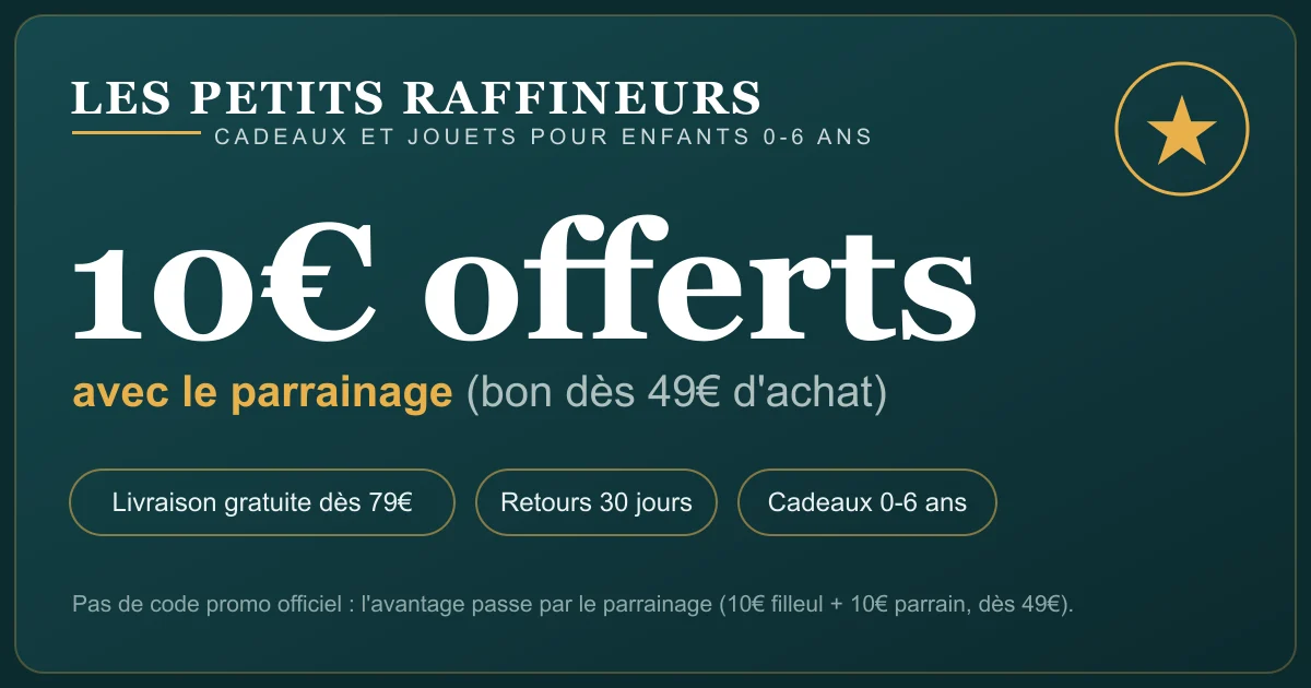 Les Petits Raffineurs : 10€ offerts via le parrainage (bon dès 49€ d'achat), livraison gratuite dès 79€, retours sous 30 jours — cadeaux et jouets pour enfants de 0 à 6 ans. La boutique ne diffuse pas de code promo officiel.