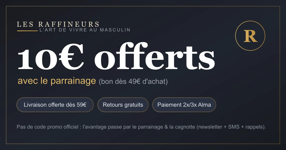 Carte des avantages Les Raffineurs : 10€ offerts via le parrainage (bon dès 49€), livraison offerte dès 59€, retours gratuits et paiement 2x/3x Alma — le concept-store des cadeaux pour homme ne diffuse pas de code promo officiel