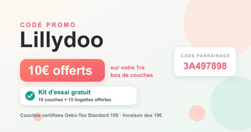 Code promo Lillydoo : 10€ offerts sur la 1re box de couches avec le code parrainage 3A497898, plus un kit d'essai gratuit (10 couches et 15 lingettes), couches certifiées Oeko-Tex Standard 100