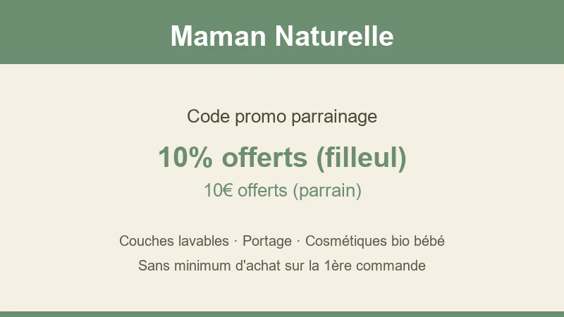 Code promo parrainage Maman Naturelle : 10% offerts pour le filleul, 10€ pour le parrain, sur couches lavables et portage bio